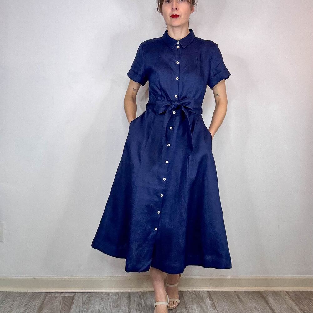 NWT HILL HOUSE The Lily Dress navy blue 100% linen belted 3069